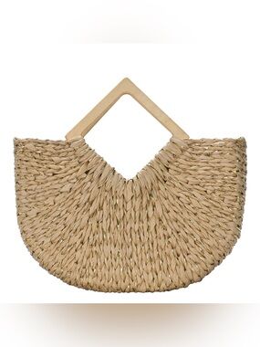 Woven Straw Tote with Wooden Handle - Natural